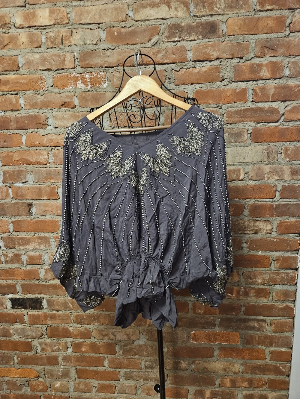 Embellished Brown   Blouse with Beaded Accents &  Wide Sleeves NWT MSRP$212